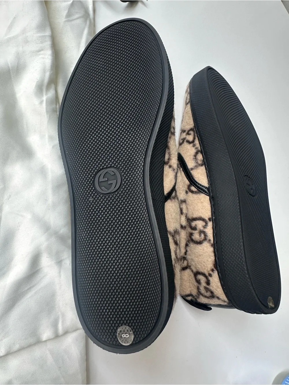 Gucci Beige GG Wool Slip-On Loafers with Black Trim